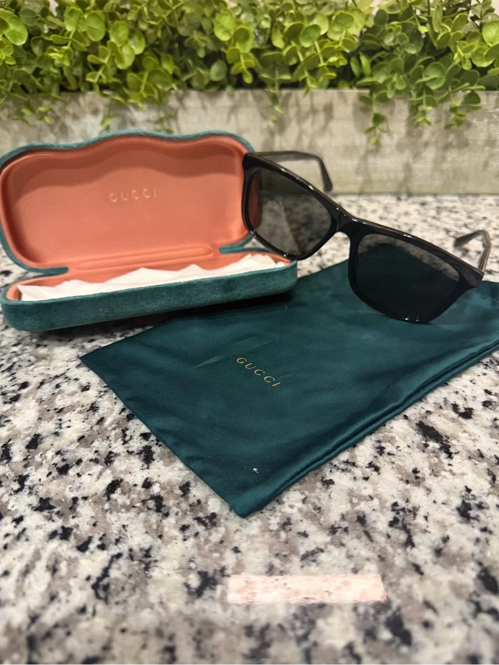 Gucci Black Frame Sunglasses with Teal Case Interior